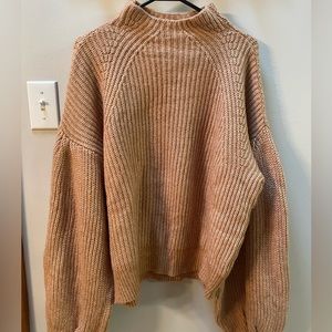 Mock neck cable knit sweater with balloon sleeve and drop shoulder